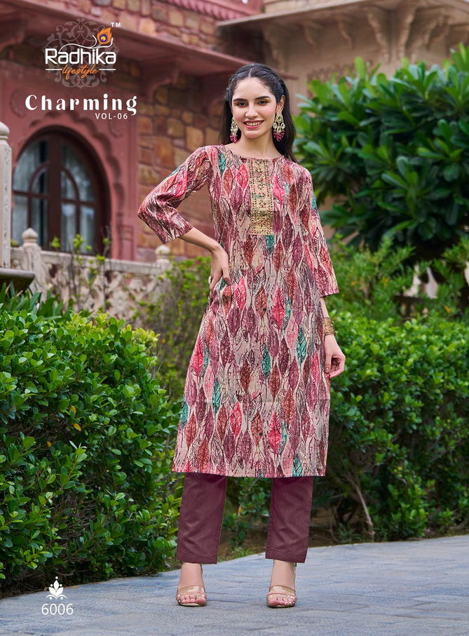 Charming Vol 6 By Radhika Modal Chanderi Work Designer Kurtis Wholesale Price In Surat
